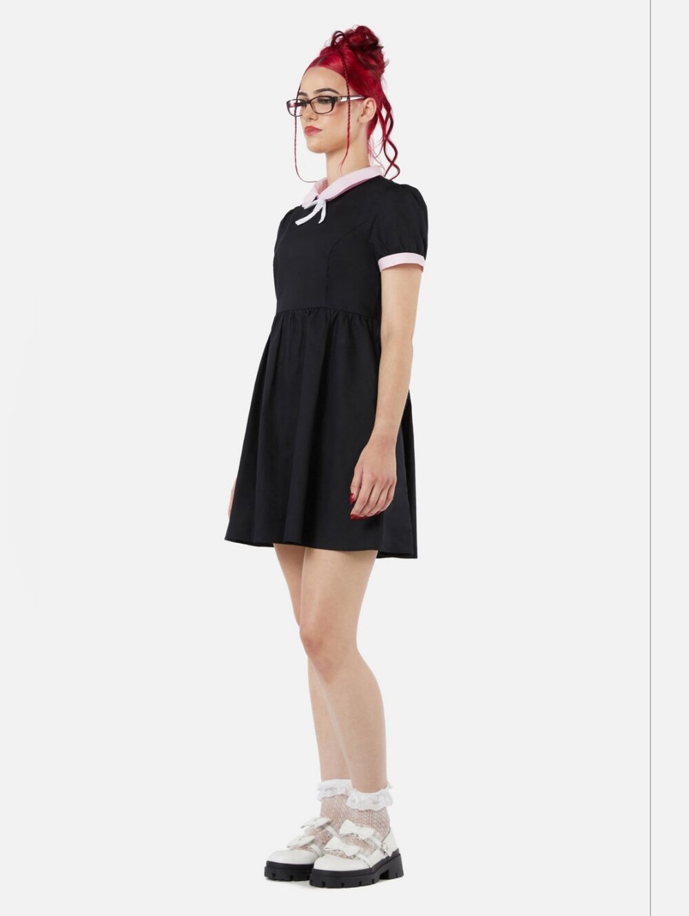 Short Black Mini Dress with Pink Collar and Cuff Trim